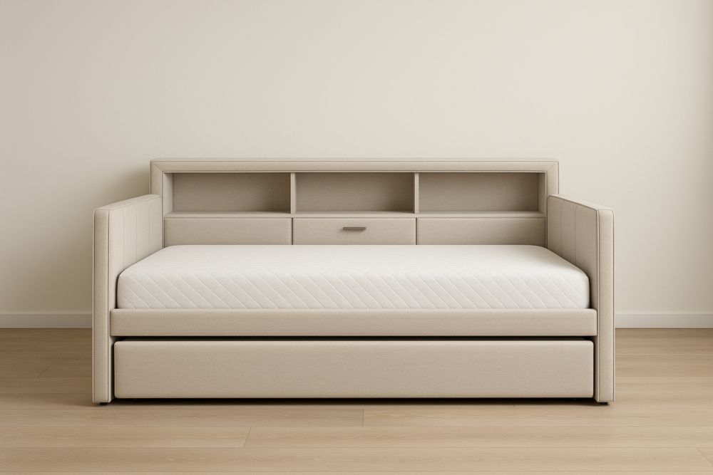 Divano Letto Beige in Tessuto con Cassetti e Schienale Scaffale