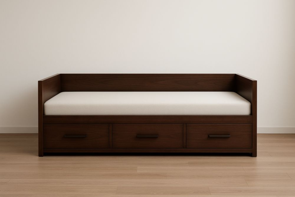 Divano Letto Singolo con Cassettiera in Legno Marrone e Cuscino Crema