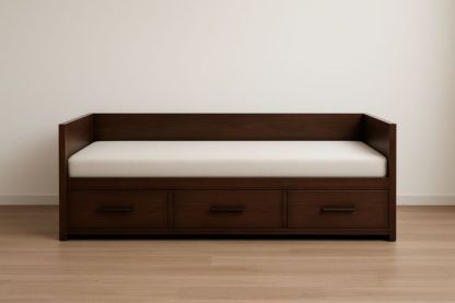 Divano Letto Singolo con Cassettiera in Legno Marrone e Cuscino Crema