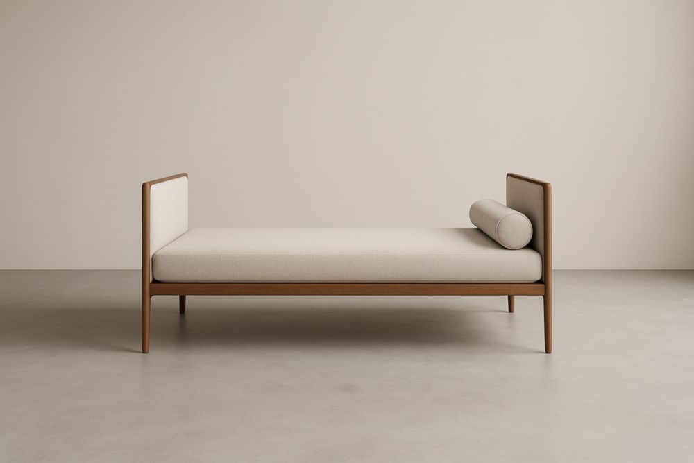 Divano Letto Daybed in Legno Massello e Tessuto Beige