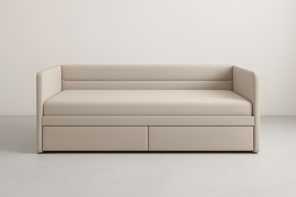 Divano letto singolo con cassetti in tessuto poliestere Beige