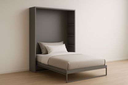 Letto a Scomparsa Singolo Grigio Scuro con Mensole in Legno e Metallo
