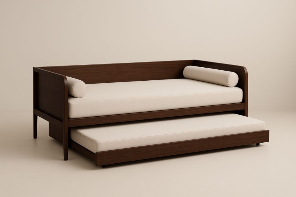 Divano Letto Estraibile in Legno con Rivestimento Beige