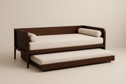 Divano Letto Estraibile in Legno con Rivestimento Beige