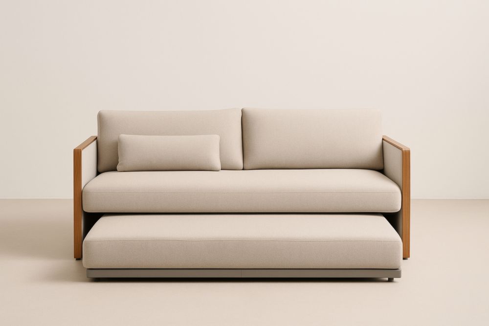 Divano Letto Estraibile in Legno e Tessuto Beige