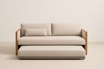 Divano Letto Estraibile in Legno e Tessuto Beige