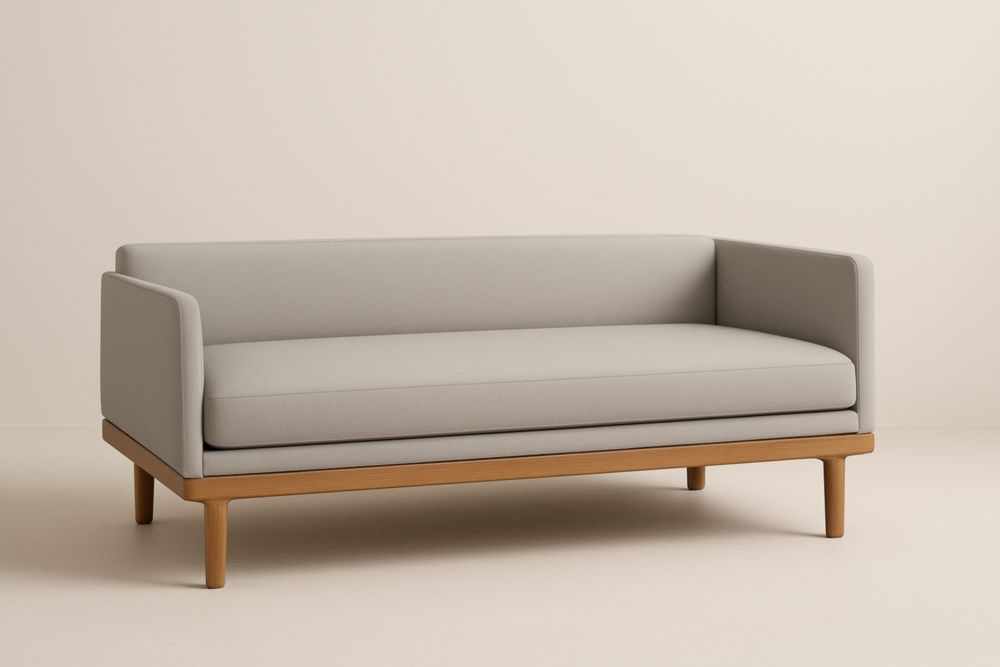 Divano in Tessuto Grigio con Struttura in Legno