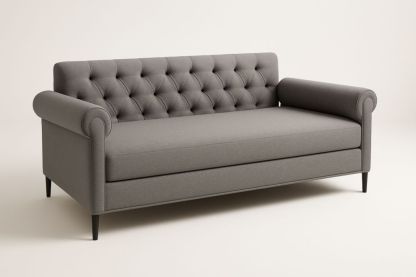 Divano due posti in tessuto poliestere grigio con braccioli arrotolati e piedini in legno