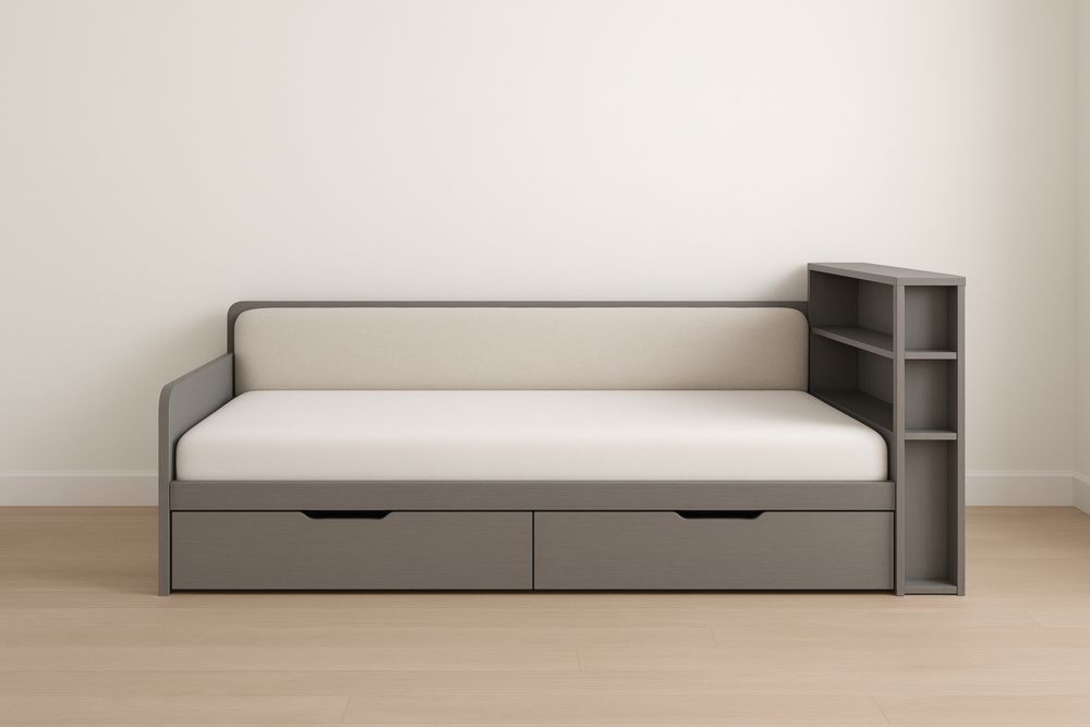 Divano letto singolo grigio chiaro e beige con cassetti e mensole