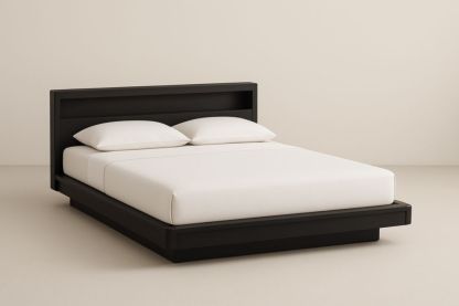 Letto in legno nero con testiera a scaffale e materasso