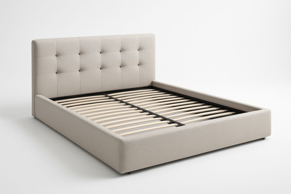 Letto imbottito con testiera trapuntata in tessuto beige