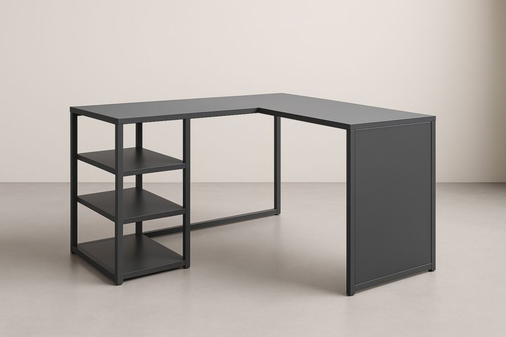Scrivania ad Angolo in Metallo Nero con Ripiani 150x130x75 cm