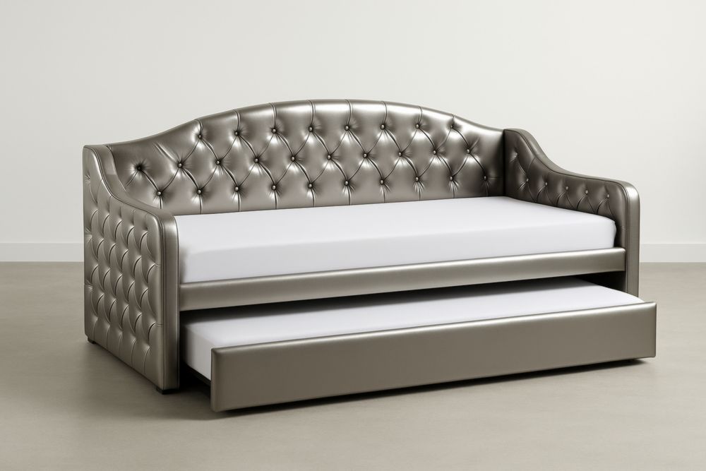 Divano Letto in Pelle Argento Letto Singolo con Struttura in Legno