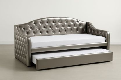 Divano Letto in Pelle Argento Letto Singolo con Struttura in Legno