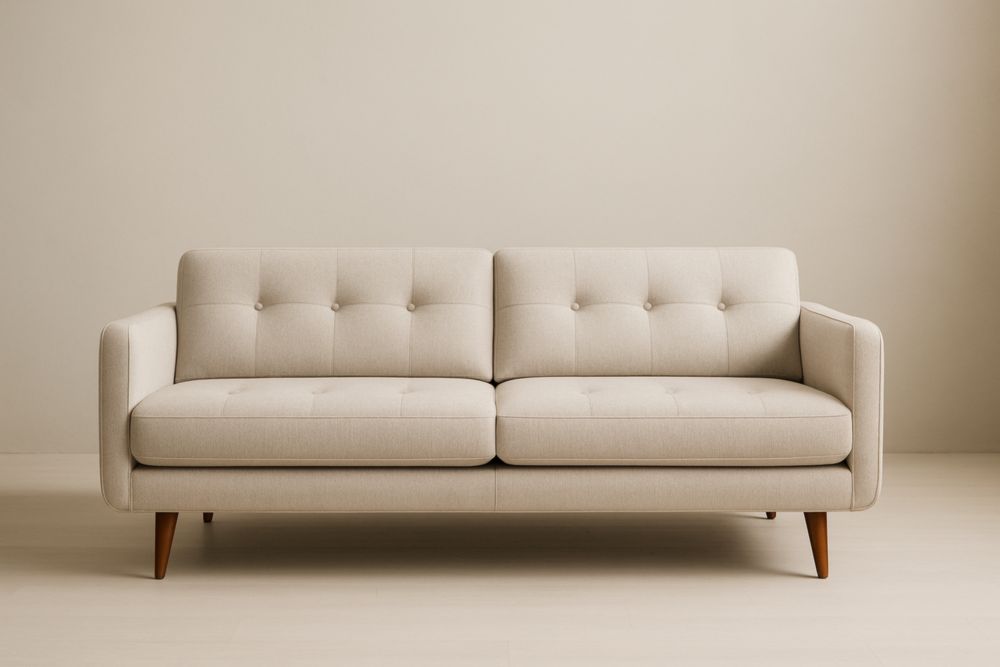 Divano a due posti in tessuto beige con gambe in legno