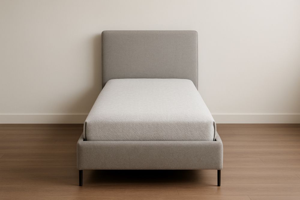 Letto Singolo in Tessuto Grigio con Struttura in Legno