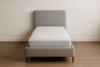 Letto Singolo in Tessuto Grigio con Struttura in Legno