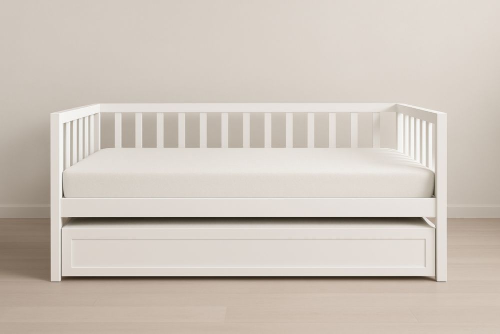 Letto Divano Bianco con Struttura in Legno e Materasso in Schiuma