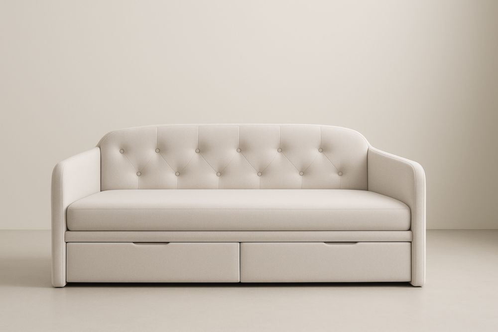 Divano letto in tessuto con cassetti beige 195x85x90 cm