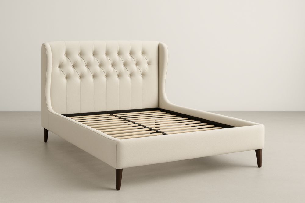 Letto imbottito con testiera capitonné crema in tessuto di poliestere 200x160×120 cm