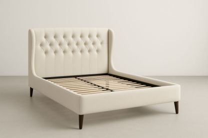 Letto imbottito con testiera capitonné crema in tessuto di poliestere 200x160×120 cm