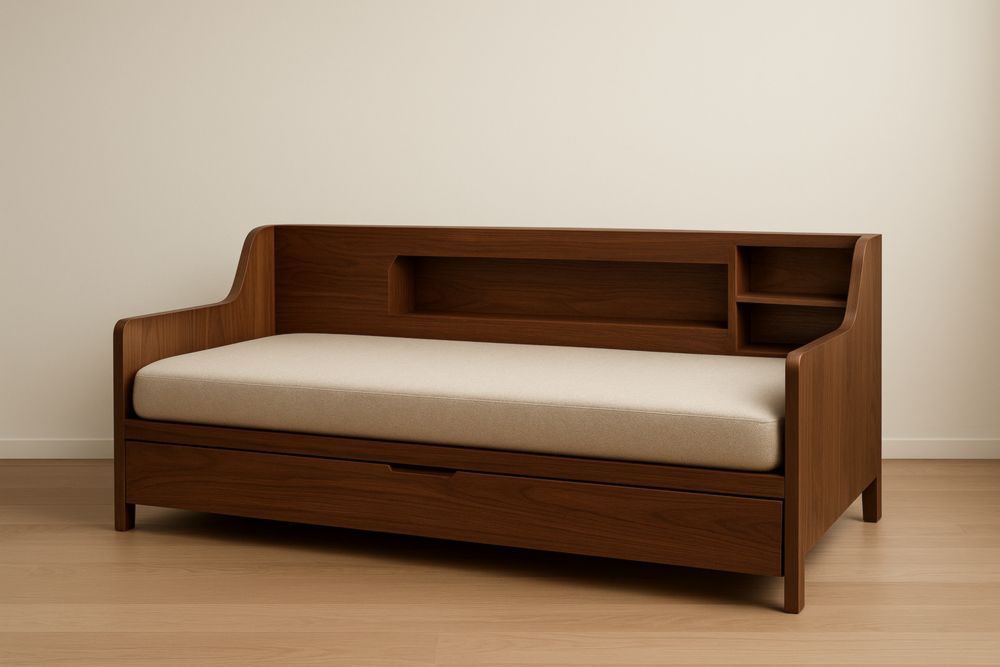 Divano letto in legno massello con ripiani beige