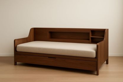 Divano letto in legno massello con ripiani beige