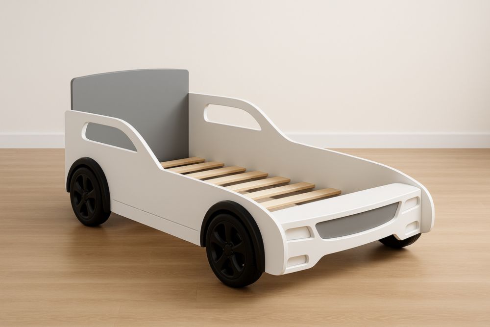 Letto Bambini Forma di Auto in Legno Bianco/Nero e Grigio 143x76x50 cm
