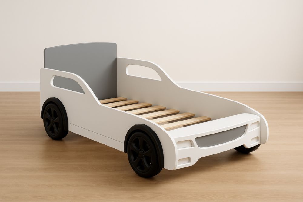 Letto Bambini Forma di Auto in Legno Bianco/Nero e Grigio 143x76x50 cm