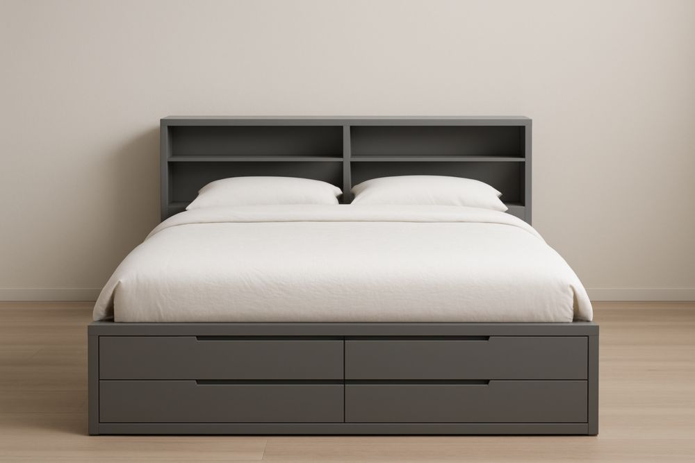 Letto matrimoniale con cassetti e libreria incorporata grigio 200x160×110cm legno
