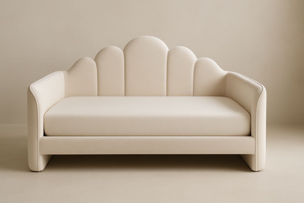 Divano due posti in tessuto poliestere crema con schienale arrotondato.