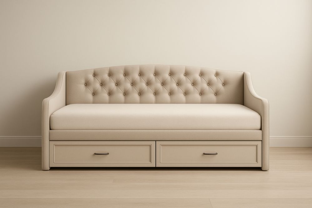 Divano Letto in Tessuto Beige con Cassetti e Schienale Trapuntato