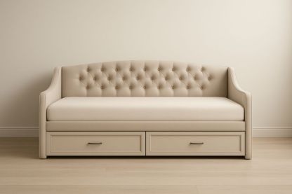 Divano Letto in Tessuto Beige con Cassetti e Schienale Trapuntato