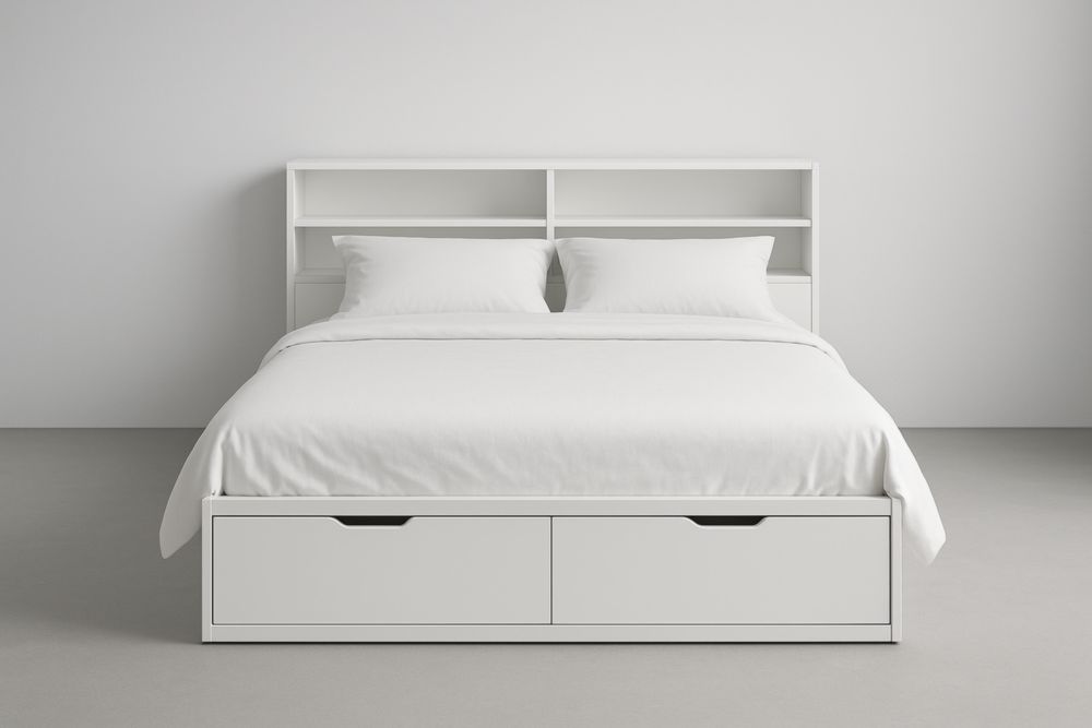 Letto matrimoniale bianco con contenitore e testiera scaffale 200x160×100 cm