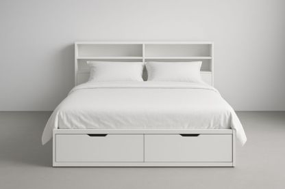 Letto matrimoniale bianco con contenitore e testiera scaffale 200x160×100 cm