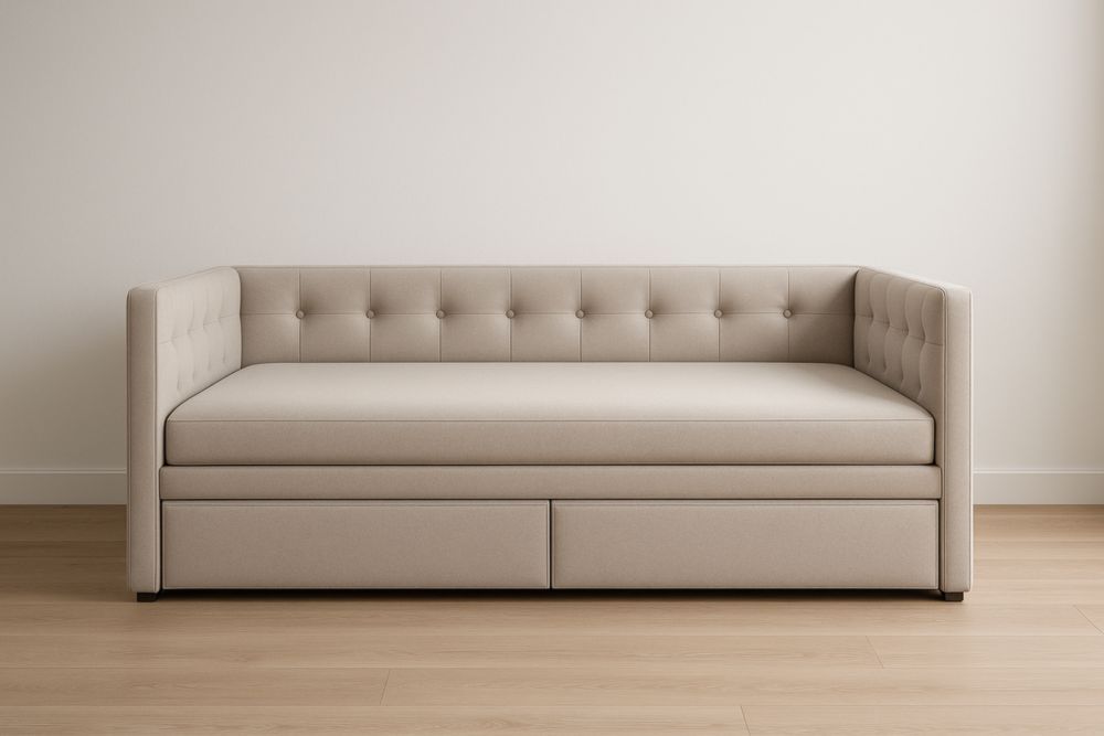 Divano Letto in Tessuto Beige con Contenitore
