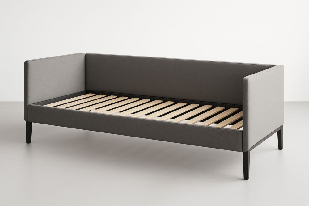 Divano Letto Singolo in Tessuto Grigio con Gambe in Legno