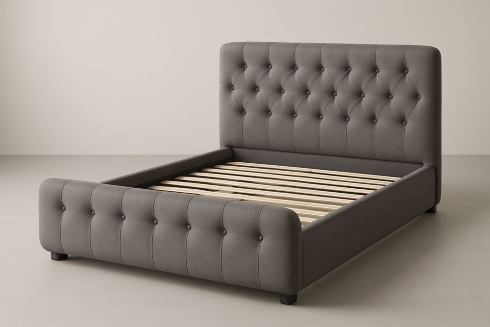 Letto matrimoniale imbottito in tessuto grigio