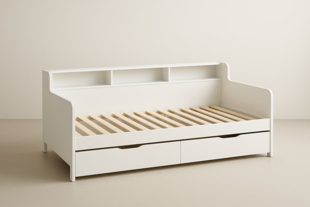 Divano Letto in Legno Bianco con Cassetti e Mensole