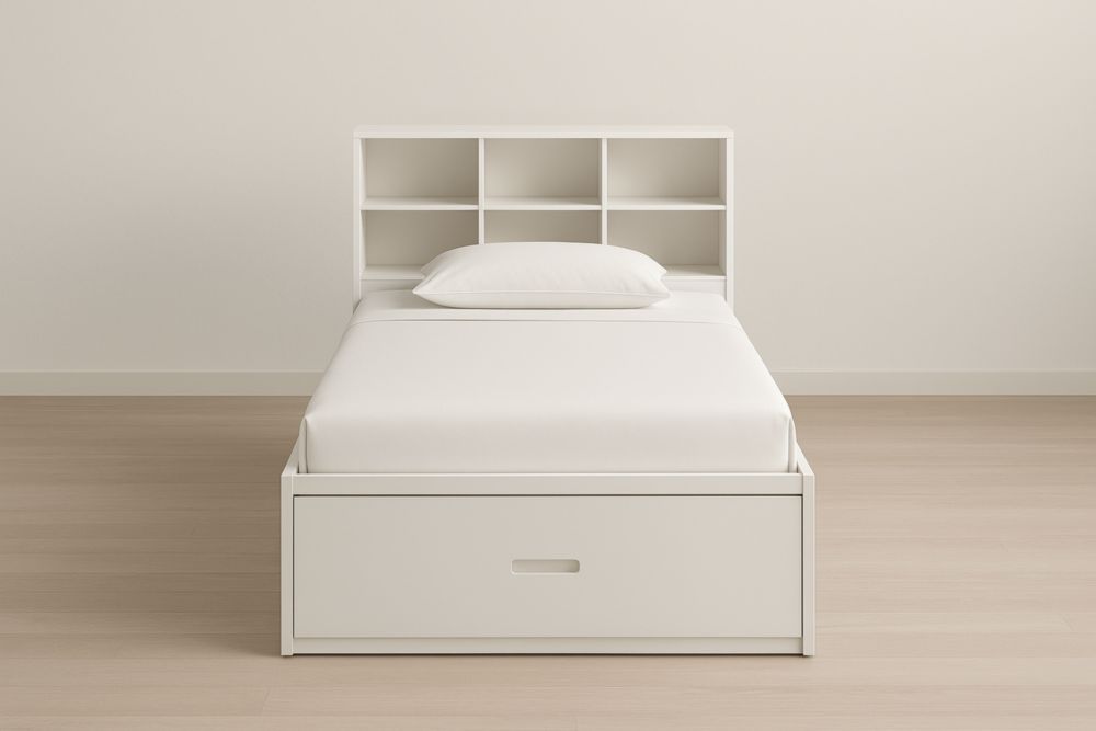 Letto singolo in legno MDF bianco con libreria e cassetto