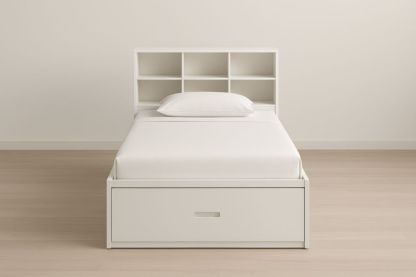 Letto singolo in legno MDF bianco con libreria e cassetto