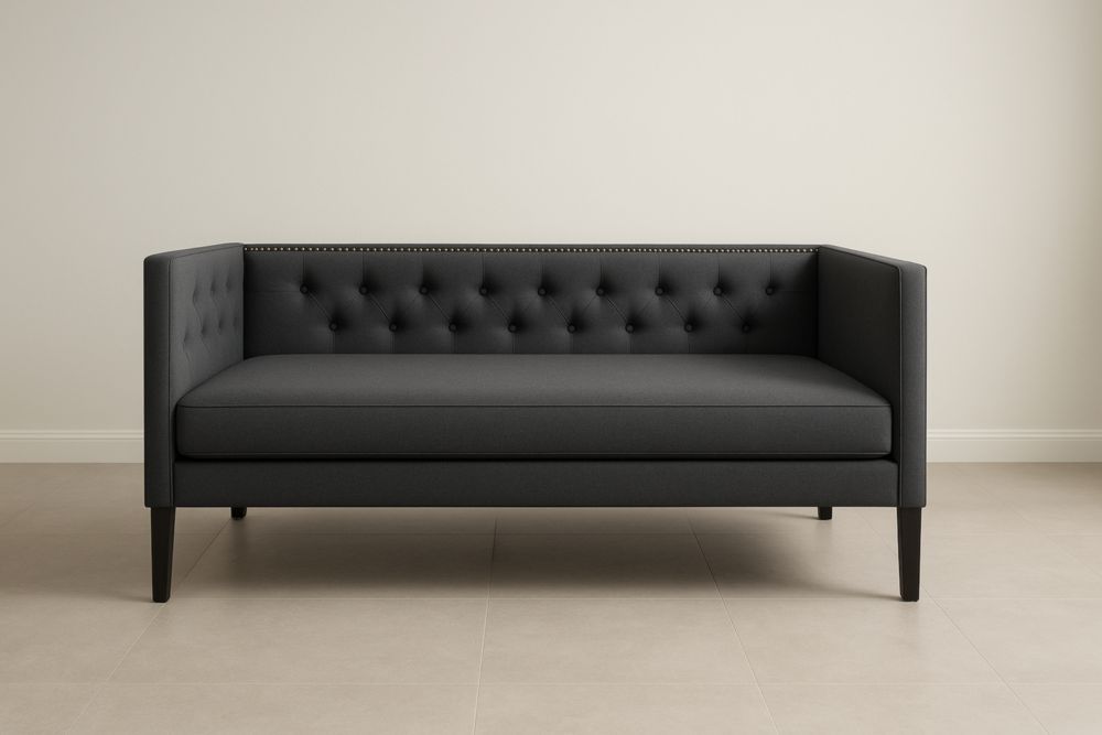 Divano due posti in tessuto grigio scuro con bottoni