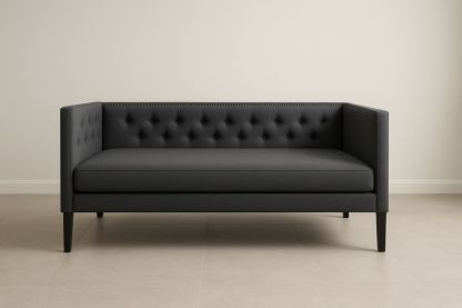 Divano due posti in tessuto grigio scuro con bottoni