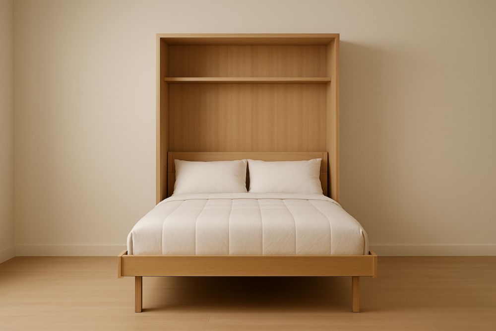 Letto a scomparsa in legno massello con materasso e cuscini