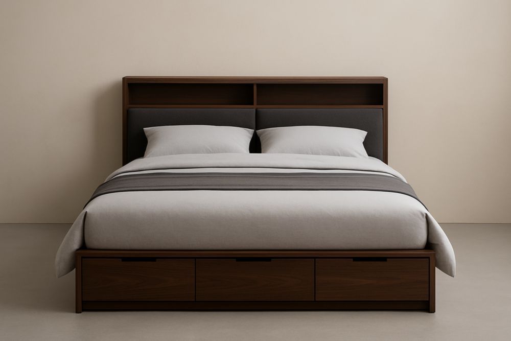 Letto matrimoniale in legno con testiera e cassetti