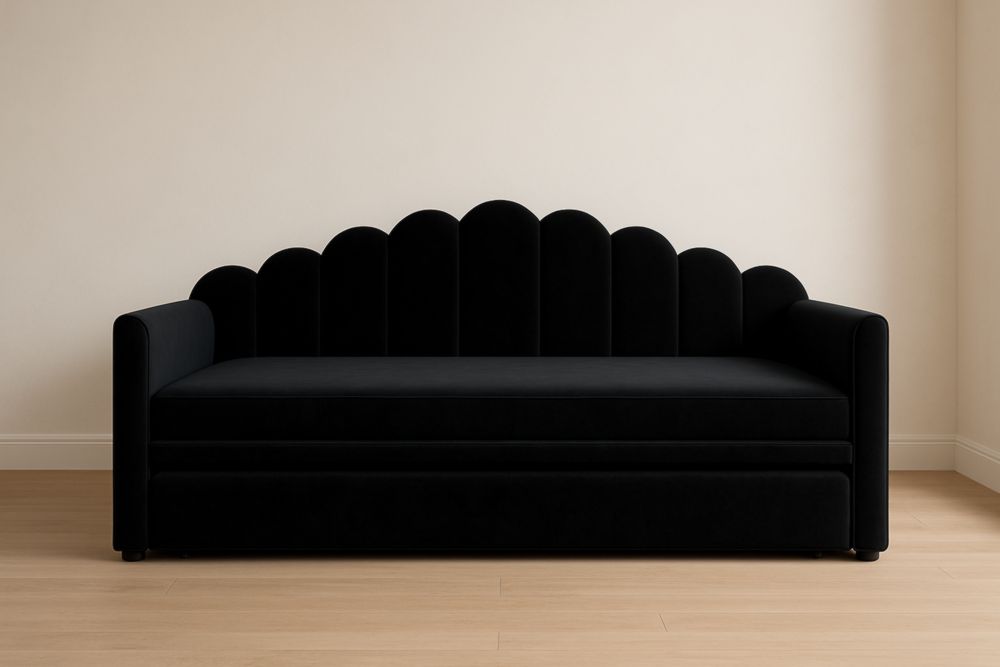 Divano Letto in Velluto Nero con Struttura in Legno Massello