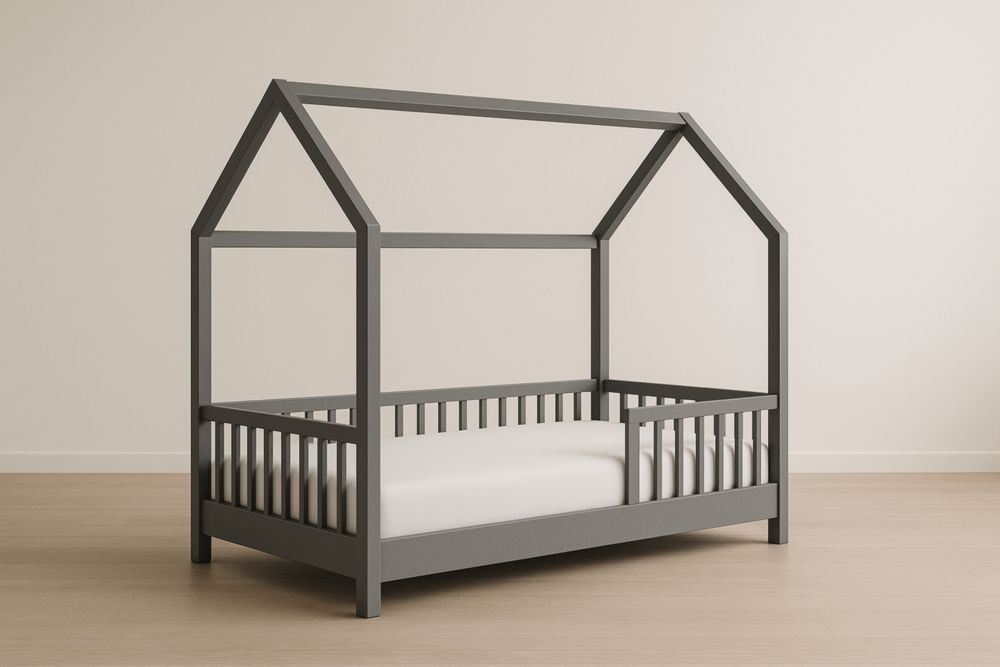 Letto per Bambini a Forma di Casetta in Legno Grigio