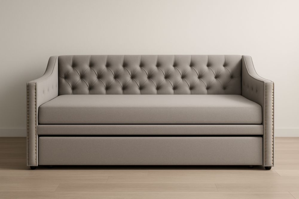 Divano Letto in Tessuto Beige con Braccioli