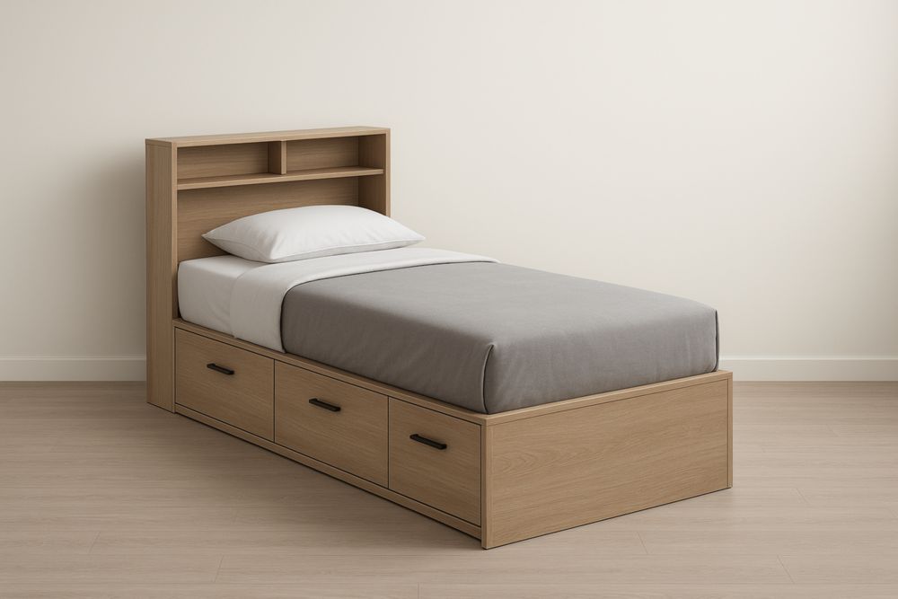 Letto singolo in legno con testiera a scaffali e cassetti 200x100x120 cm