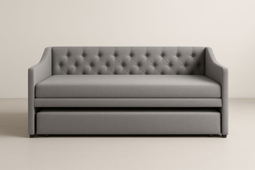 Divano Letto Grigio in Tessuto con Schienale Trapuntato